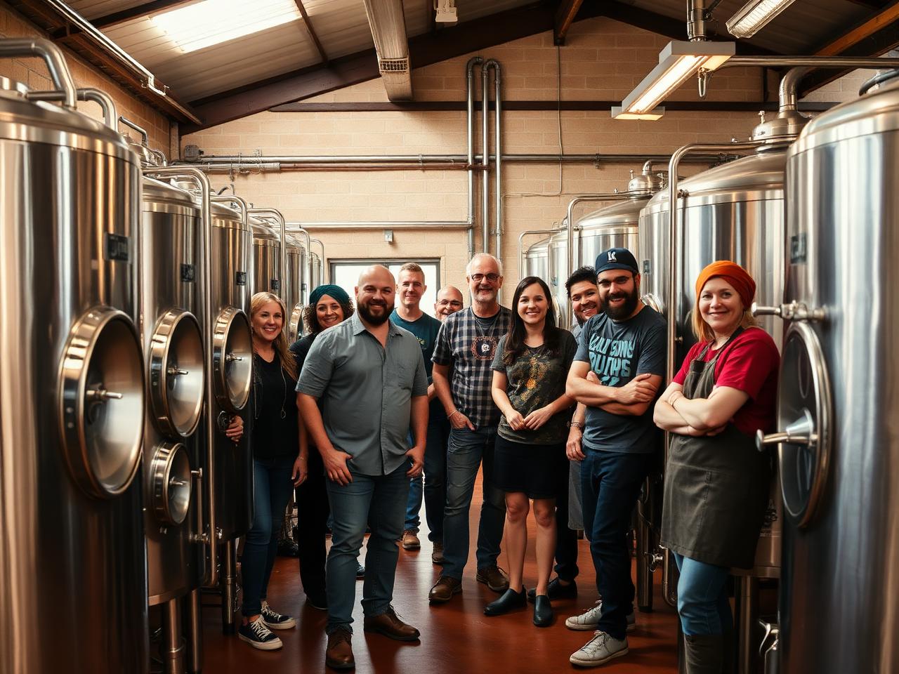 Equipo de la cooperativa cervecera entre tanques de fermentación
